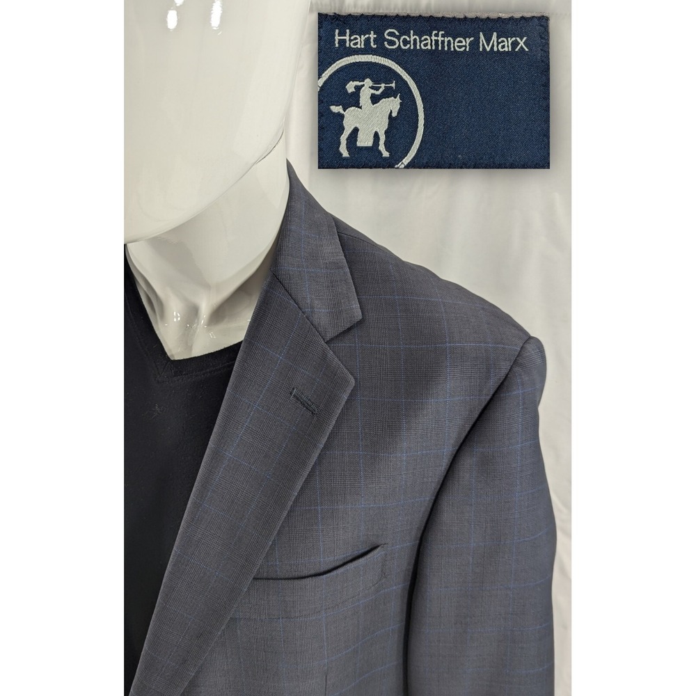 Hart Schaffner MARX Wool Blazer Suit Jacket Dark Blue Windowpane 42R 46 Chest